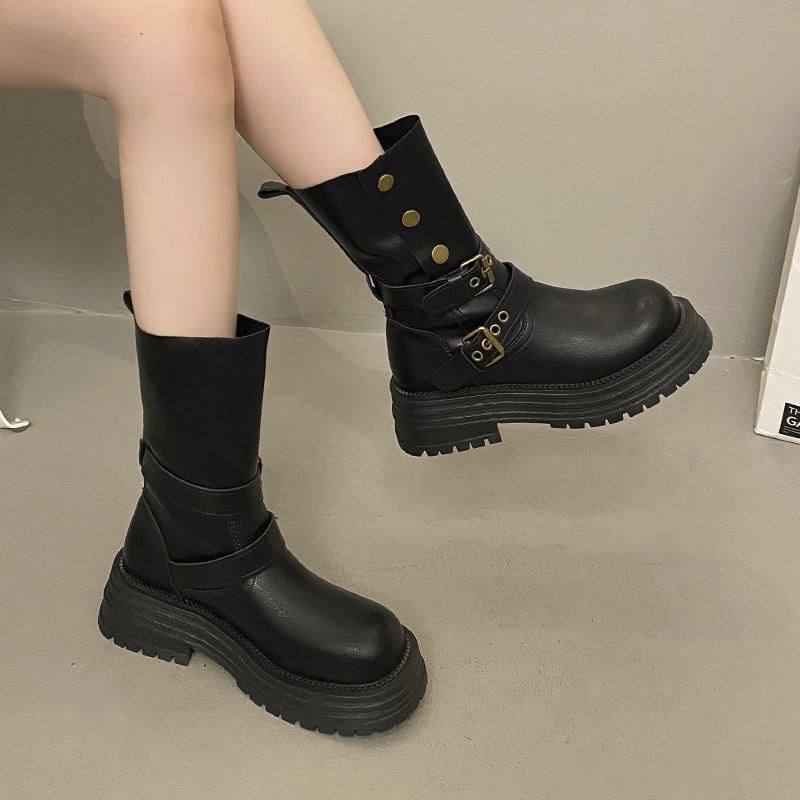 2025 Autumn and Winter New Women's Shoes Medium Top Platform Casual Metal Buckle Martin Boots Heightening Fashion Thin Knight Boots