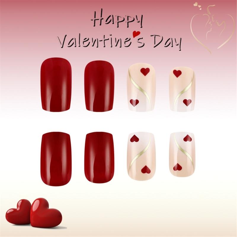 24 Pcs Heart Press On Nail Glossy Artificial Nail Golden Stripes Stick on Nail Valentines Day Full Cover False Nail