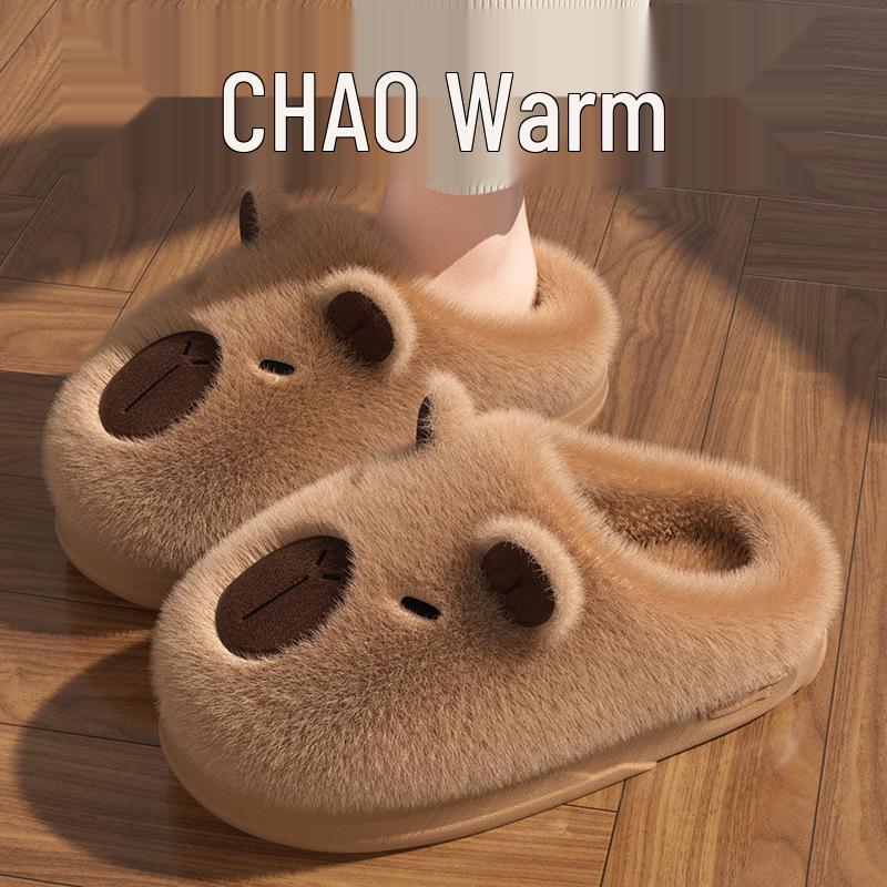 Damskie Kapibara Pluszowe Bawełniane Kapcie na Grubej Podeszwie - Antypoślizgowe, Ciepłe, z Zakrytymi Palcami Obuwie Zimowe do Wewnątrz/Na Zewnątrz