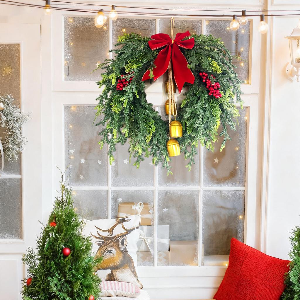 19.7In Artificial Christmas Wreath With Bell Xmas Garland Multifunctional With Red For Indoor Outdoor Decor Sturdy