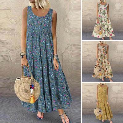 Women Maxi Dress Sleeveless Flower Printed Loose Hem A-line Large Swing Dress-up