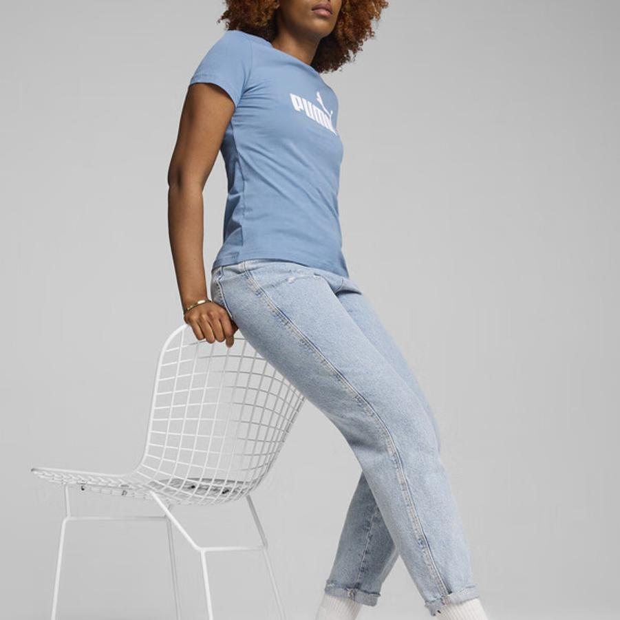 Puma Fashionable Letter Print Breathable Round Neck Short Sleeve T-Shirt Women Tops Blue Gray 682247-20