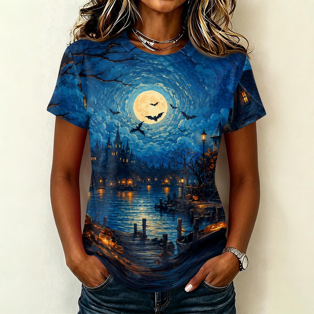 Women's Casual Pullover Short Sleeve T-Shirt Halloween Print Top Crew Neck Relaxed Fit Lightweight Tee for Everyday Wear