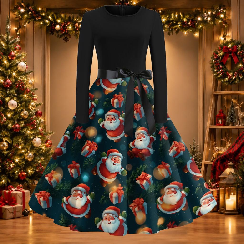 Women's Casual Christmas Print Dress, Round Neck Vintage Holiday Dress