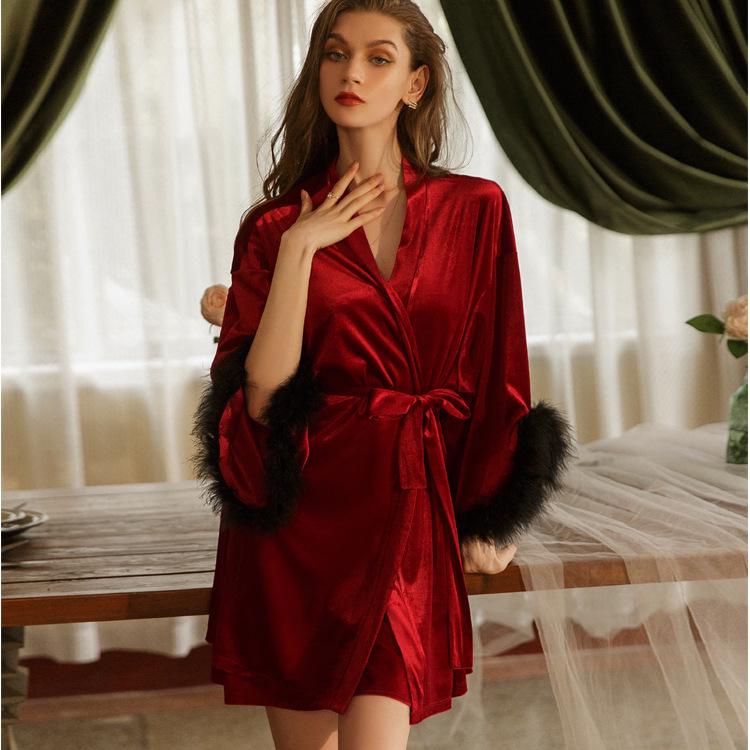 

Duman Французский кружевной сексуальный бархатный комплект ночной рубашки и халата с лацканами One Size (Recommended for 80-130 jin)