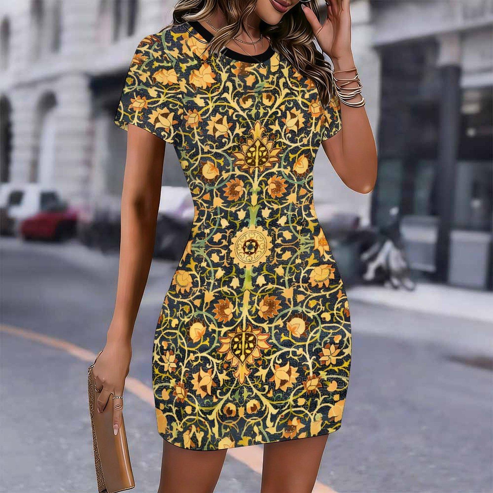

Fashion Womens Loose Abstract Pattern Print O Neck Short Sleeve Loose Streetwear A-line Dress S оранжевый