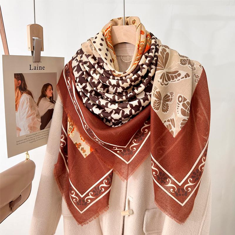Retro fashion 130CM large square scarf women's beard scarf printed versatile high-end shawl scarf