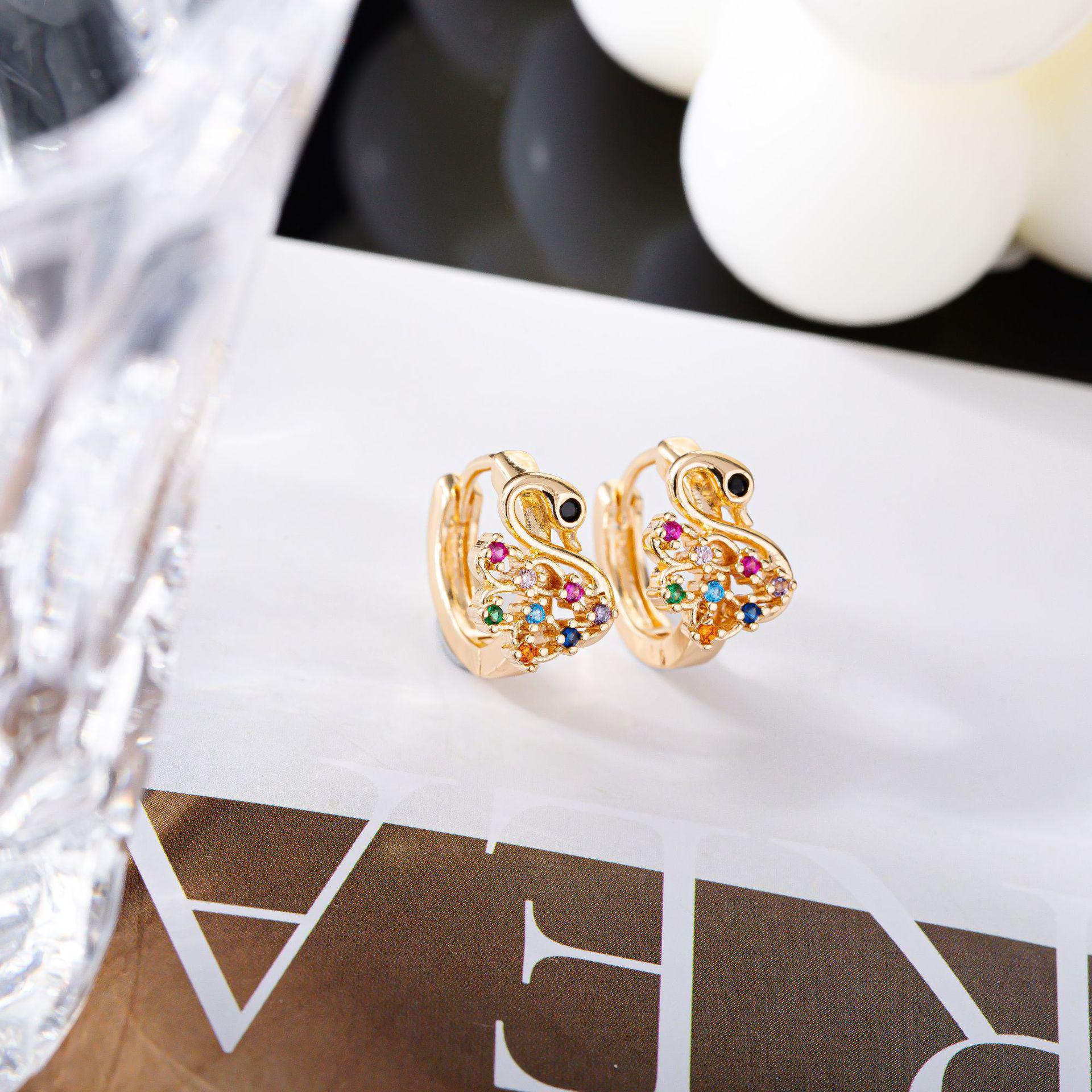 Colorful Japanese Swan Rhinestone Hoop Earrings - Cute, Retro, Niche Design, Versatile Forest Style for Women.