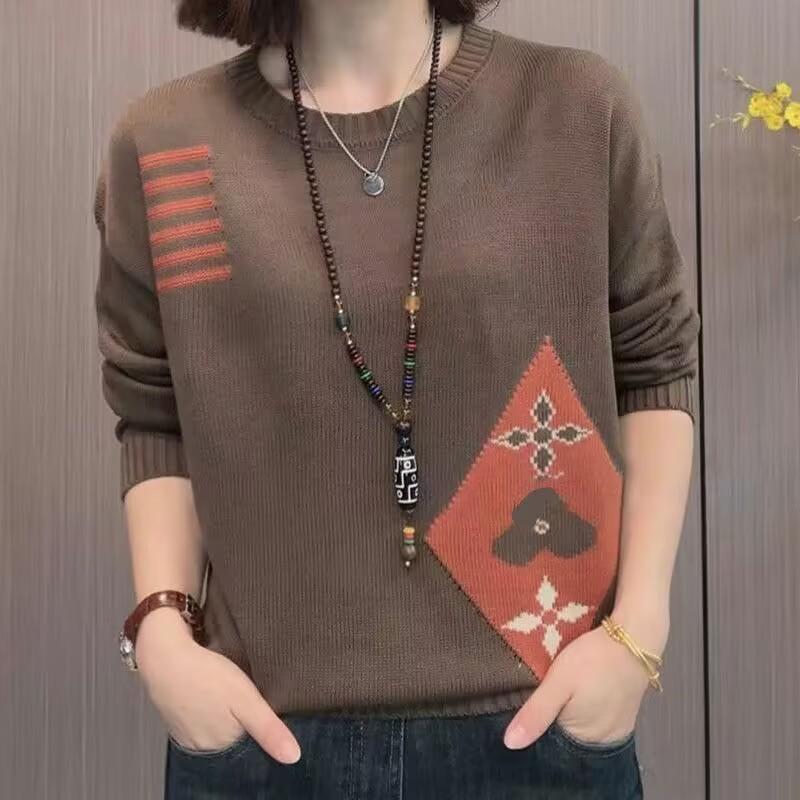 

Свободный крой, цветочный жаккард, свитер с круглым вырезом, женский, осенне-зимний, этнический стиль, вязаный топ 2XL