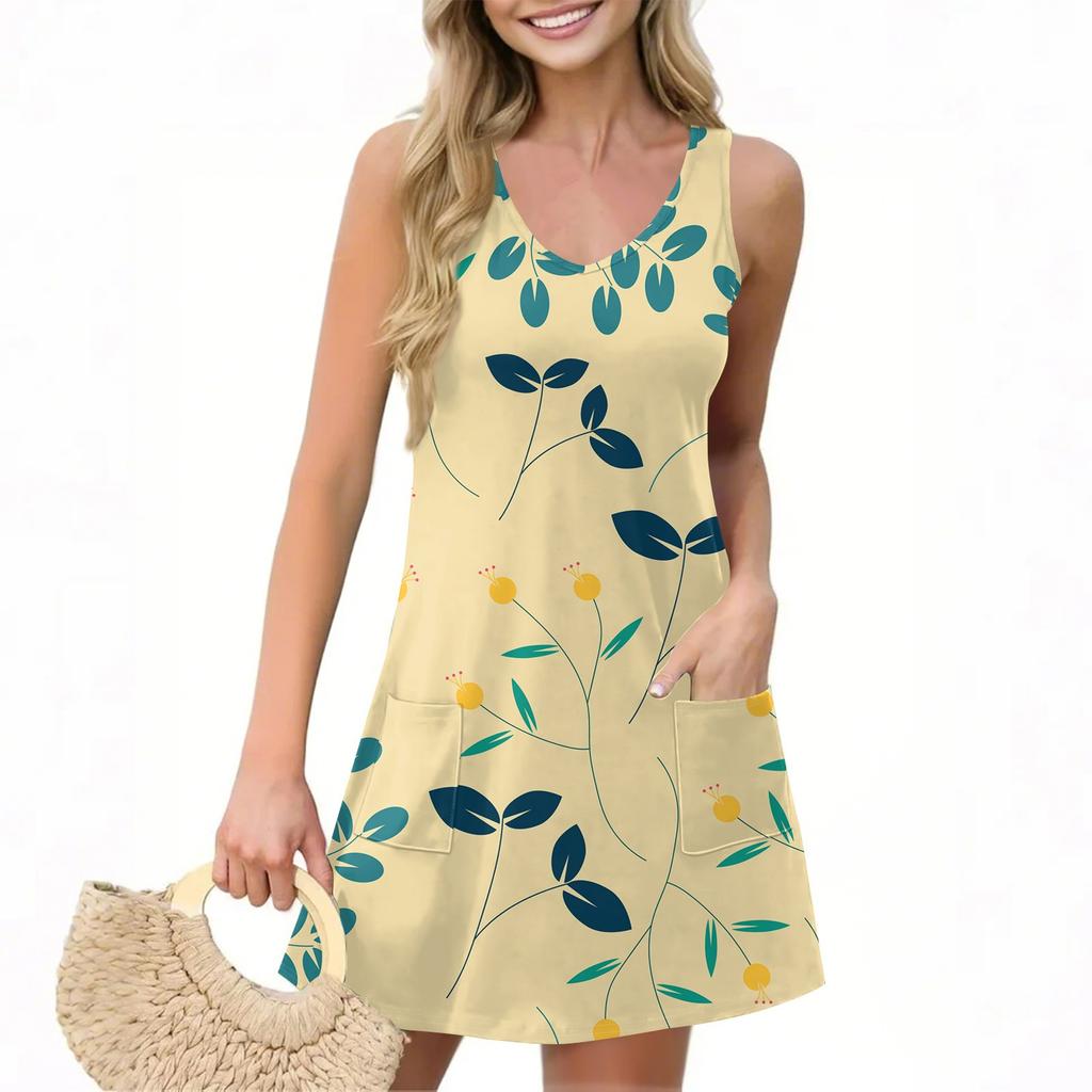 Women's Casual Summer Vest Dress With Pockets Floral Print V Neck Sleeveless Dress