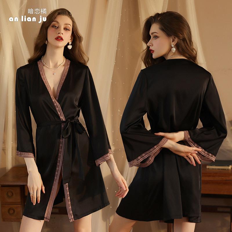 Seductive sexy pajamas women's ice silk nightgown pure desire bathrobe long sleeve silk lace pajamas loungewear