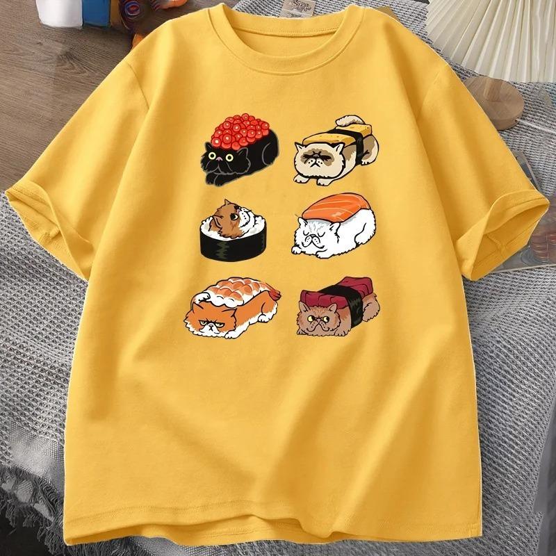 Kawaii Cute Cats Sushi T Shirt Women Y2k T-Shirt Summer Short Sleeve Tee Cartoon Print Tshirt Tees Women Clothing