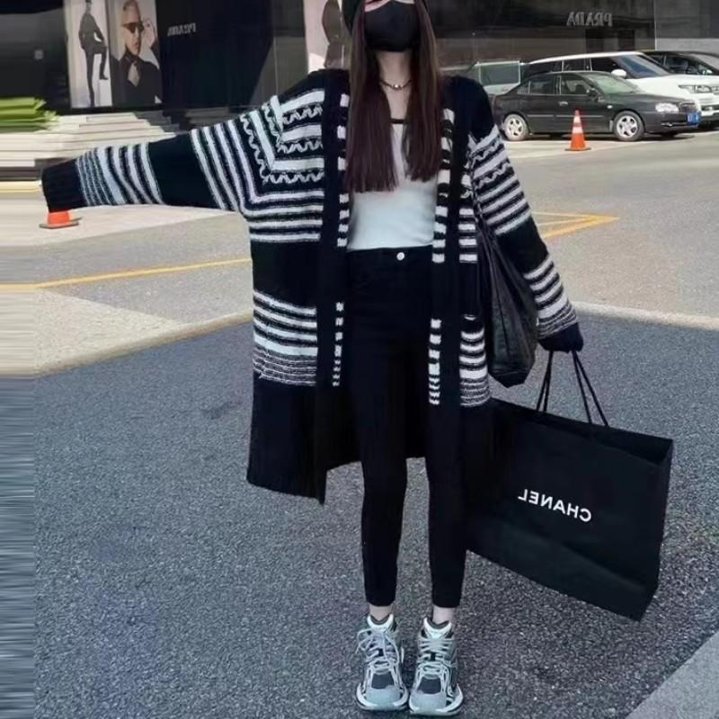 Retro Hooded Sweater Jacket Women's Lazy Style High-end Sense Medium and Long Design Sense Contrasting Color Striped Knitted Cardigan