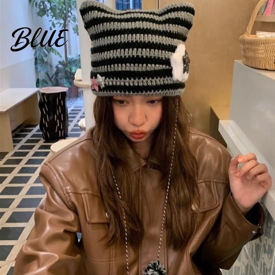 Striped Design Winter Knitted Knitting Ear Hat Style Cat Beanie Japanese Star Print Autumn Plush