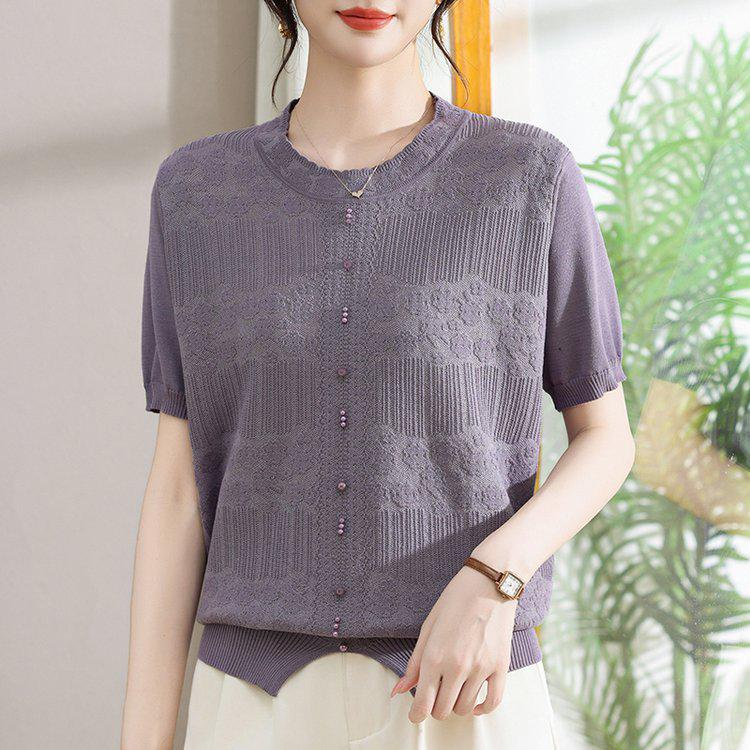 Elegant Women's Knitwear: Casual, Slimming Round Neck Short Sleeve Top for Mothers, Loose & Comfortable Fit