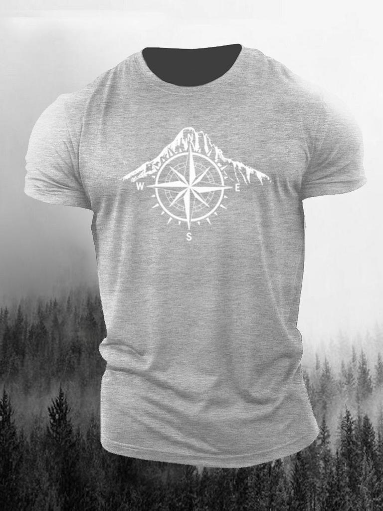 2025 Cross-border Compass Mountain Unisex Summer T-shirt - Short Sleeve, Round Neck, Unique Print
