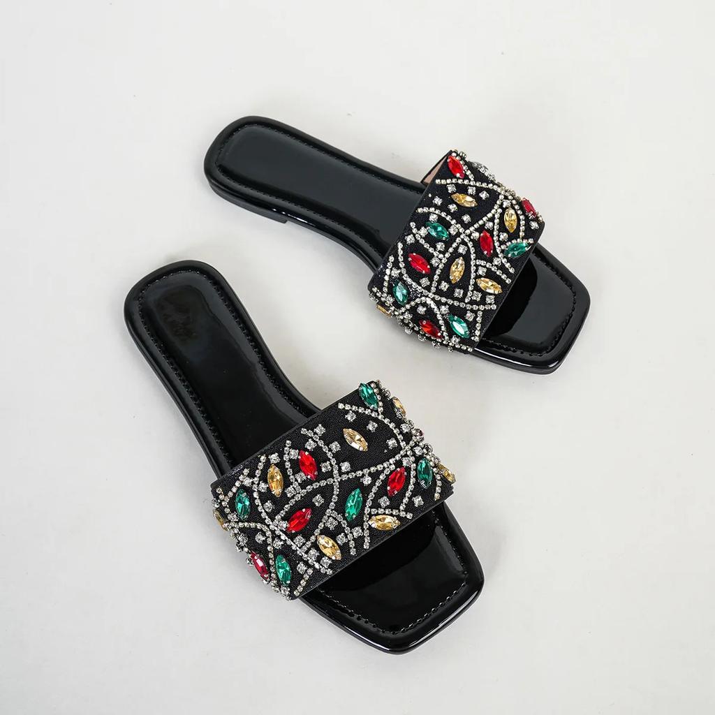 Fashion Luxury Women's Fashion Slippers Summer Comfortable Flat Bottomed Fashion Square Head Water Diamond Pure Handmade Cool Slippers