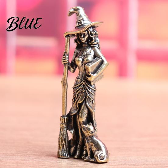 Gothic Tabletop Decoration Brass Witch Statue with Cat Vintage Metal Figurine Collectible Fantasy Retro Copper Tea Pet Halloween Desk Ornament
