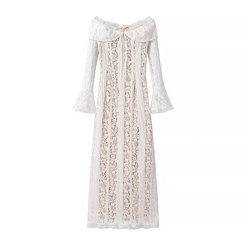 Spring New Women's Clothing Fashion Style French Style Temperament Cut Out off-Shoulder Bow Tie Lace Dress Evening Dress