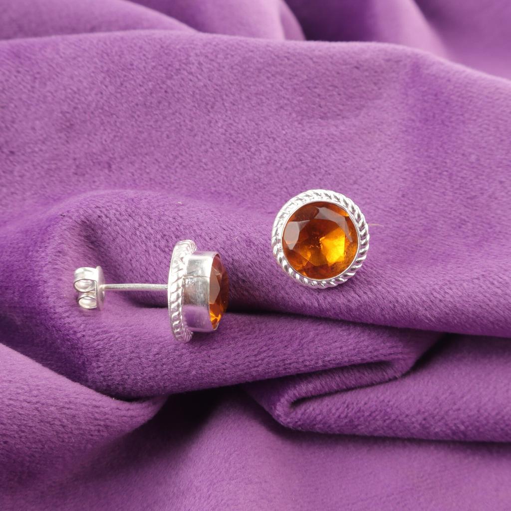 Round Citrine Gemstone 925 Silver Trendy Art Deco New Stud Post Earrings Jewelry EE-147-14