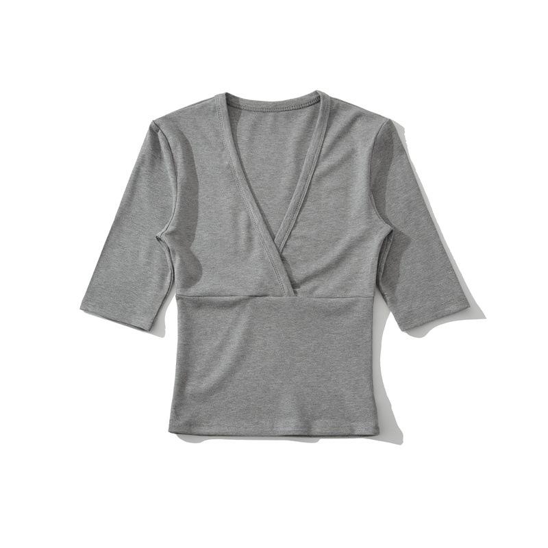 Elegante Camiseta Cruzada en V con Ceñido a la Cintura para Mujer - Capa Base de Manga Corta para Verano