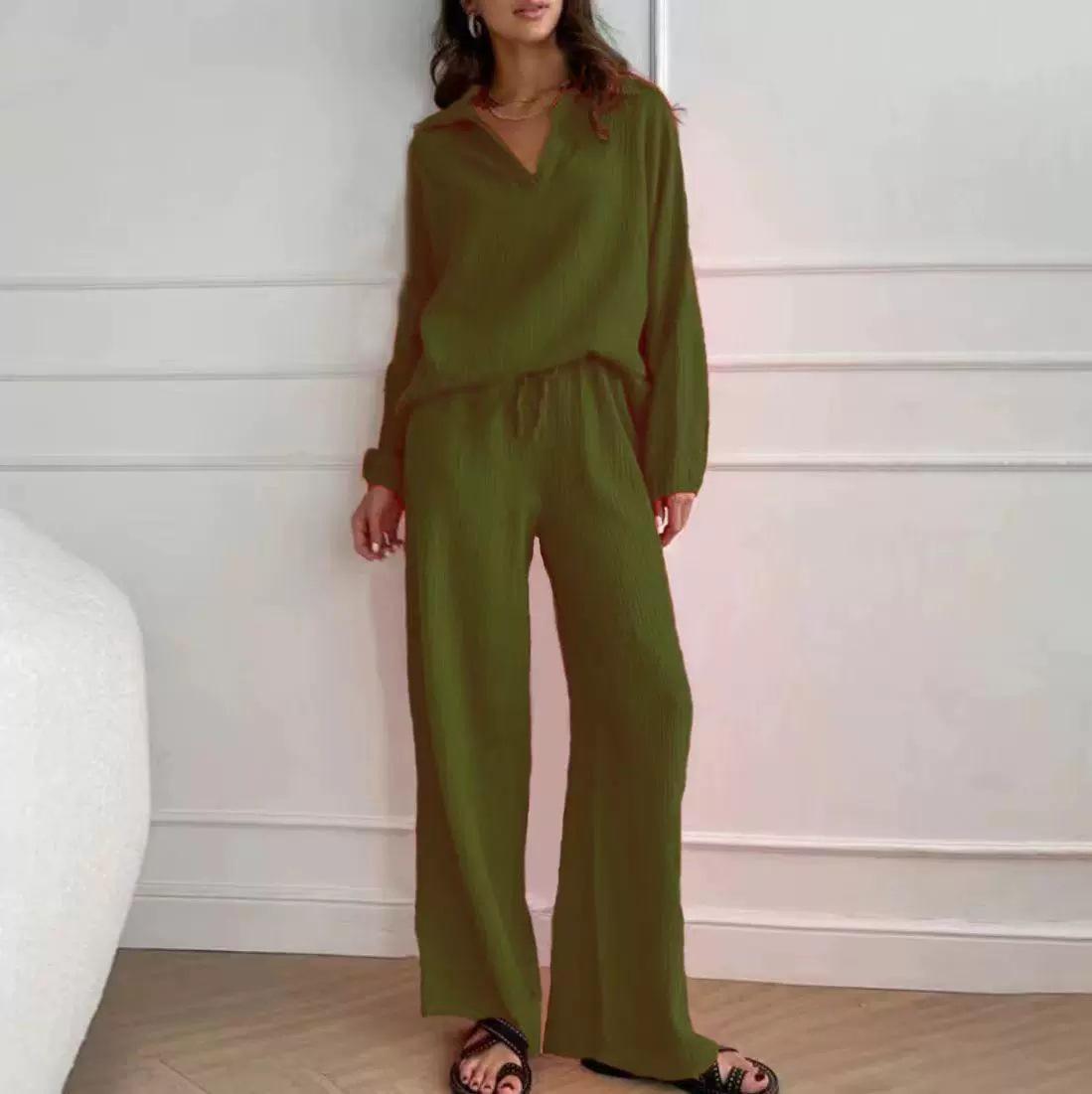 

Cross-Season Linen-Like Cardigan & Wide-Leg Pants Set - Spring/Autumn Fashionable Sportswear Small армия зеленый