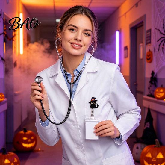 Cute Black Cat Id Card Reel Halloween Pumpkin Badge Reel, Retractable with 360 Degree Rotating Clip, Work for Nurses Acrylic Decorative ID Holder And