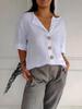 Women's 2025 Summer V-neck Cotton Linen Loose Button Shirt