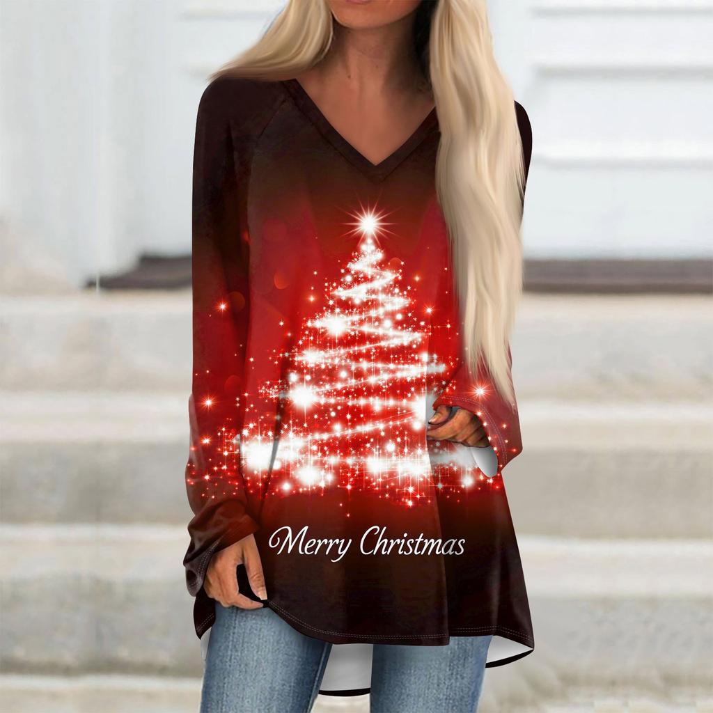 Women's Casual Long Sleeved V-neck Floral Print Long Loose T-shirt Top