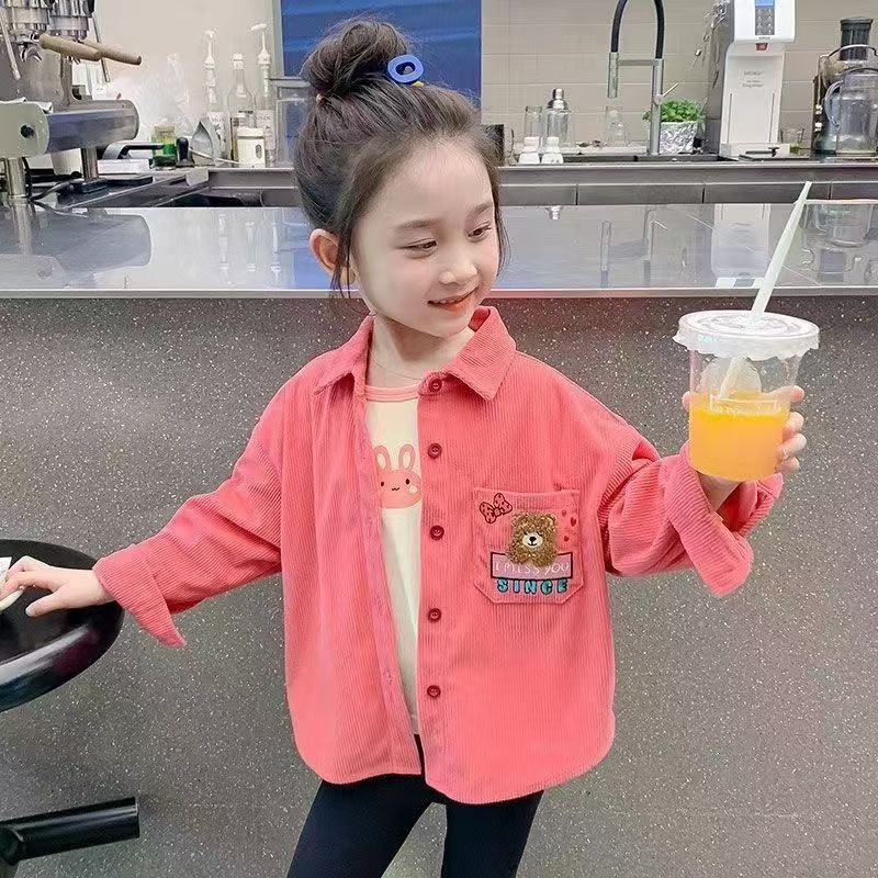 Korean Girls Corduroy Long Sleeve Shirt Spring Autumn Fashionable Kids Top Outerwear