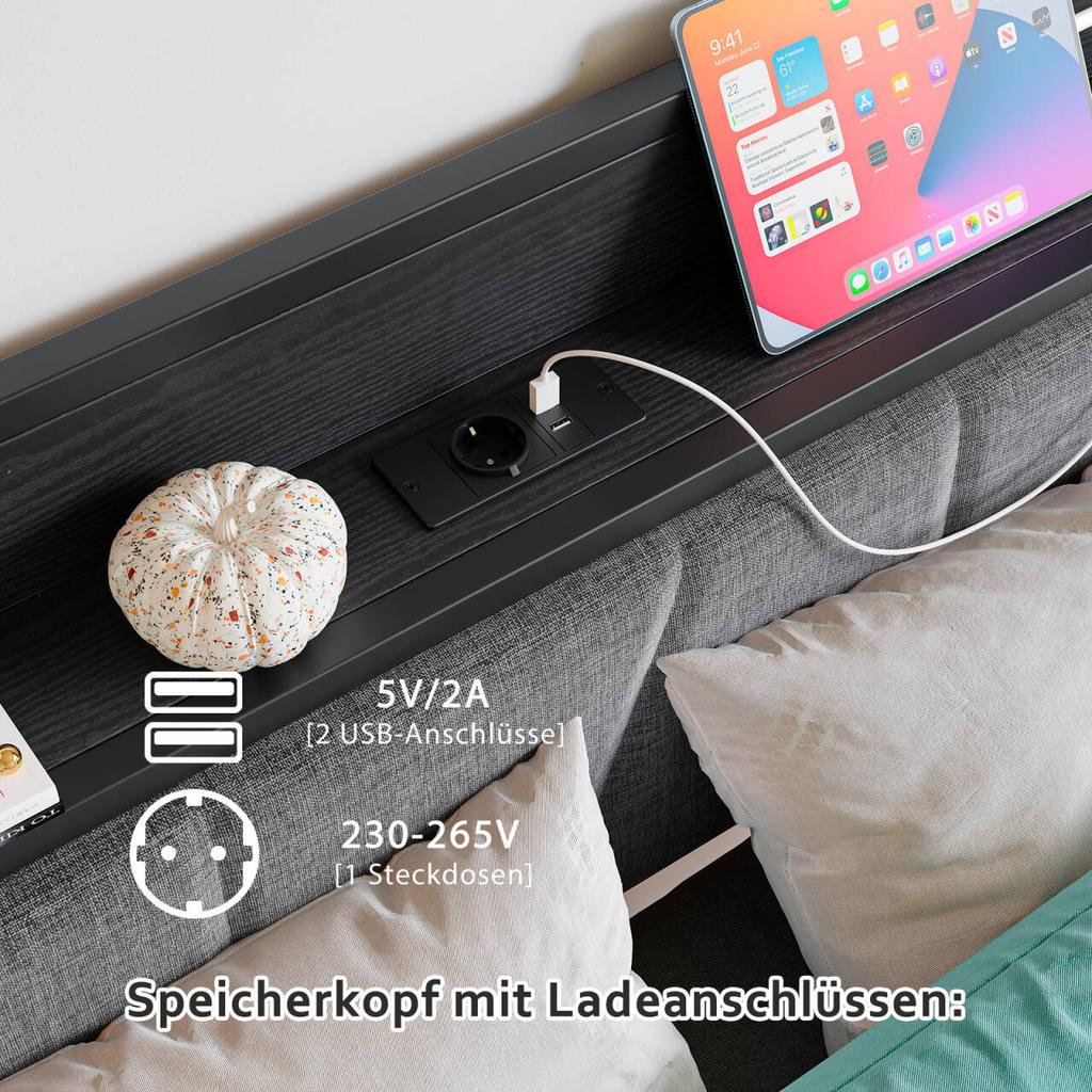 140x200cm Bed Frame with LED Lights, Storage Headboard with USB Charging, Heavy Duty Metal Slat Support, Noise-free, Assembly, No Box Spring Required