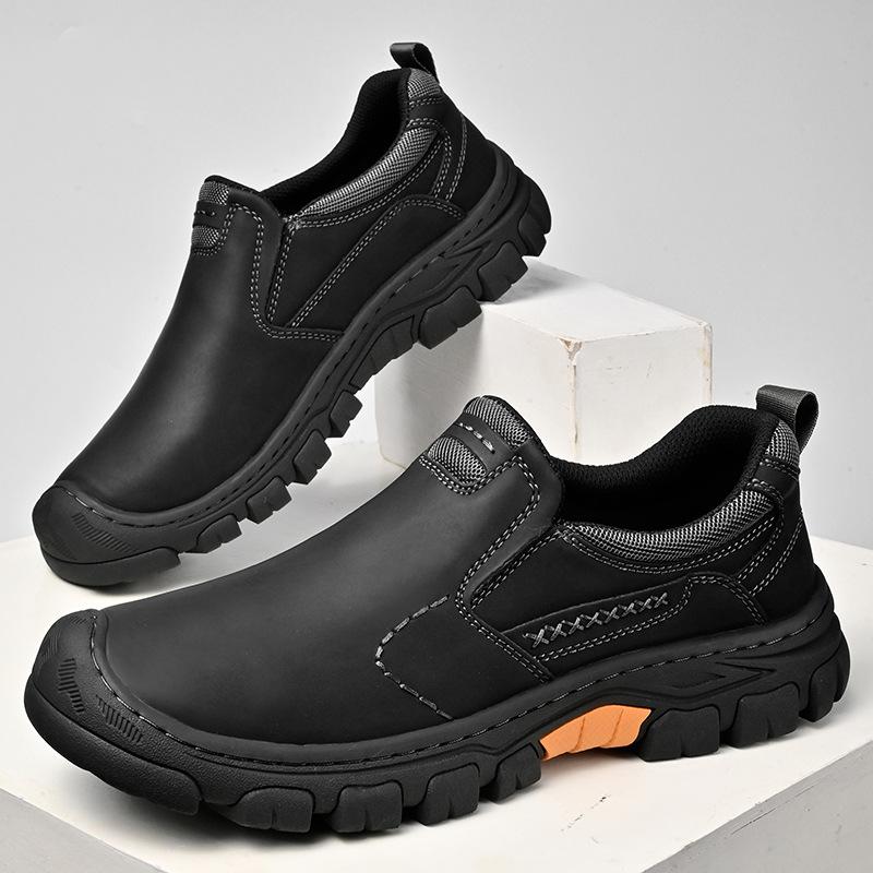 Men's Waterproof Slip On Faux Leather Hiking Shoes for Male Outdoor Non-Slip Walking Sneakers Casual Loafers Work Shoes Comfortable Short Boots