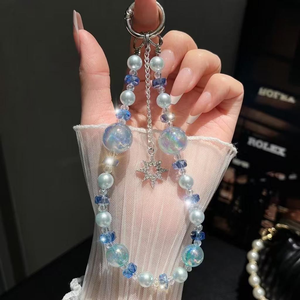 High-end Pearl Mobile Phone Pendant Chain Glitter Round Beads Hand-strung Beads Crystal Star Car Keychain Pendant Bracelet