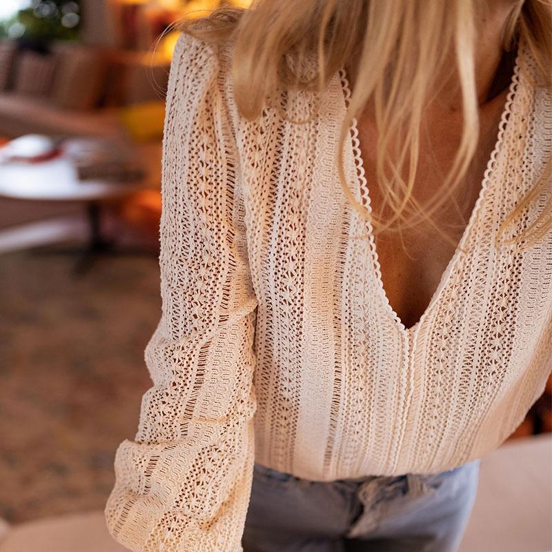 

New Casual Women s Clothing V-neck Solid Color Long Sleeved Shirt Top 2XL абрикосовий