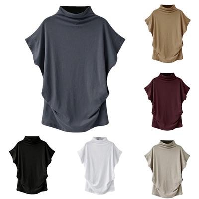 Women Plus Size Solid Color High Neck Short Sleeve T-Shirt Loose Bottoming Top