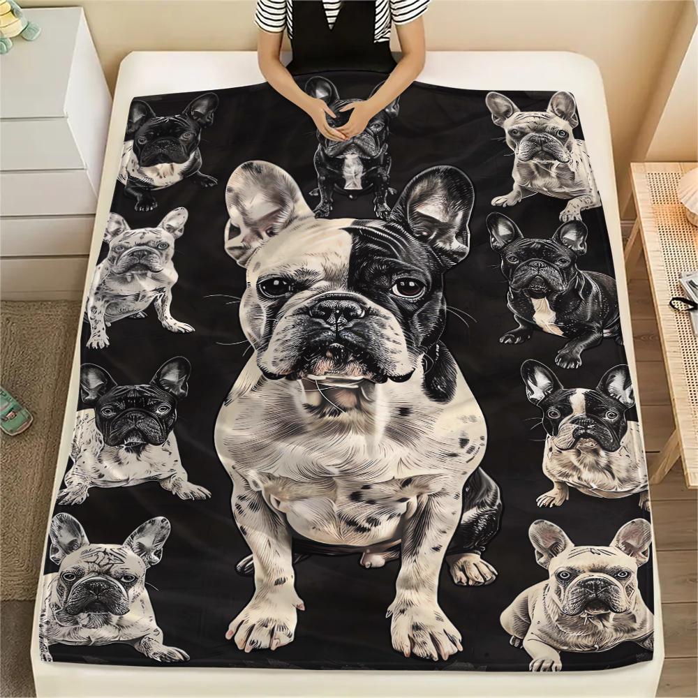 1Pc Bulldog Doberman Print Flannel Blanket, High Quality Comfortable for All Seasons, Home Decor, Warmth and Comfort, Perfect for Christmas Gifts