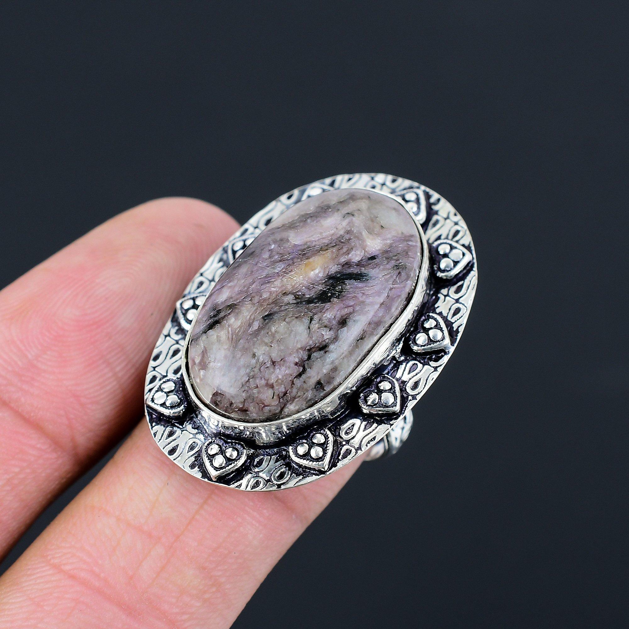 

Womens day Sale Oval Charoite Stone Birthday Stackable Ring Sterling Silver US 9 9