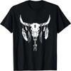 Boho Longhorn Bull Skull Design Cow Skull And Feathers Art T-Shirt