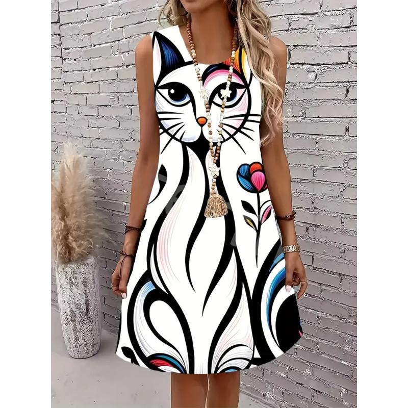 Fashion Women's Crew Neck Dress 3D Casual Color Printing Casual Dress Crew Neck Dress