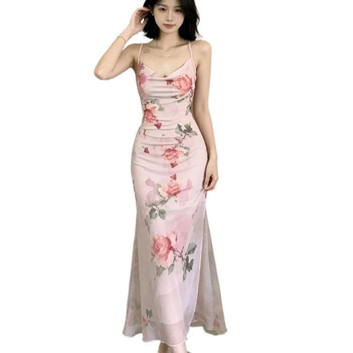 Pure desire mesh printing suspender deep V-neck dress women's summer design sense slim waist hip fish tail dress