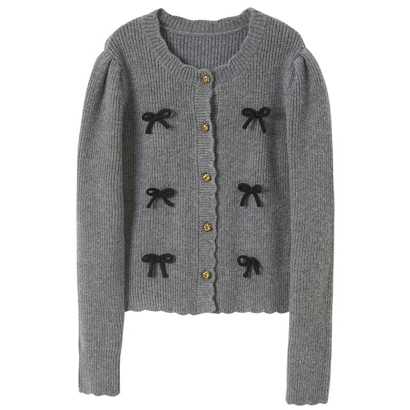 Sancai 2025 Autumn Miu-style Bow-Knot Round Neck Knit Cardigan