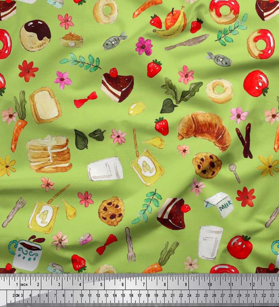 Soimoi Japan Crepe Satin Fabric Fruits,Bread & Donut Food Decor Fabric Printed metre 42 Inch