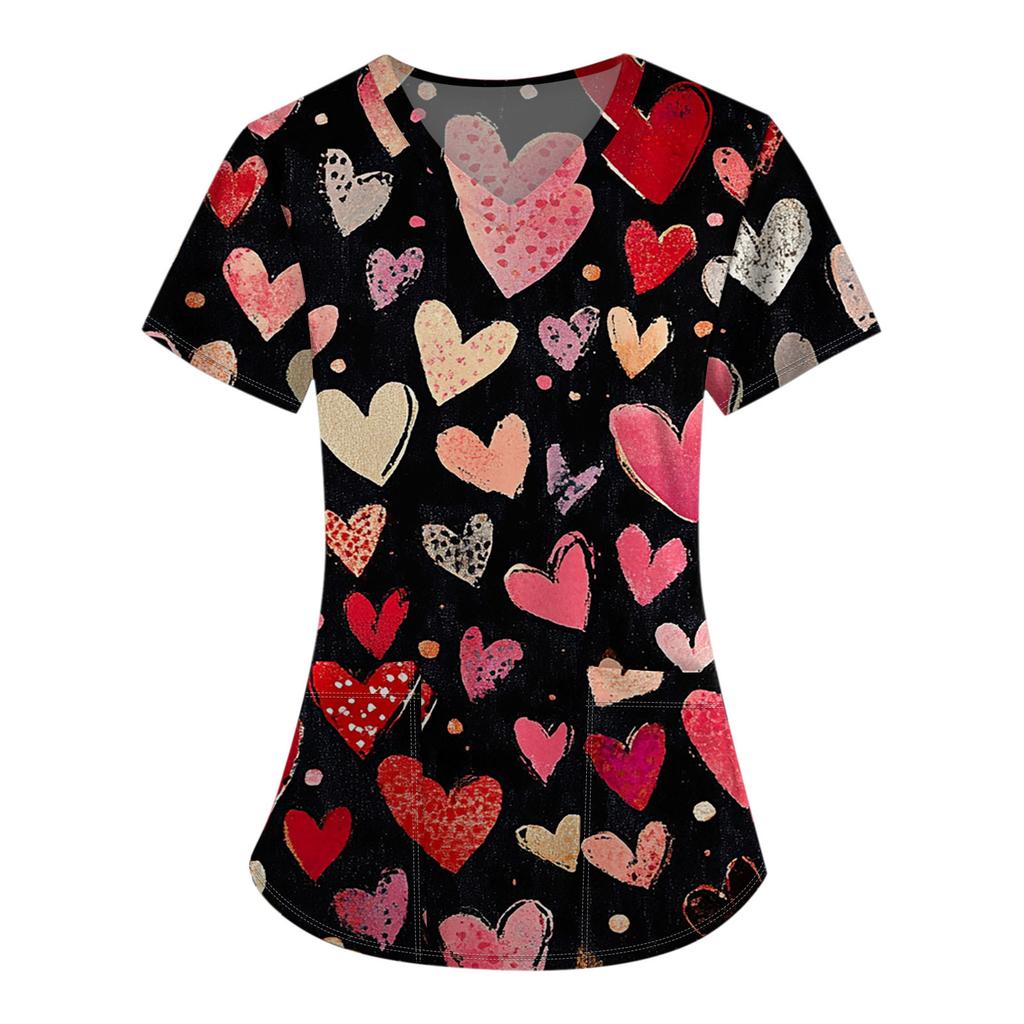 Women's Fashion V-Neck Short Sleeve Overalls With Pocket Valentine's Day Printed Tops  Clothes