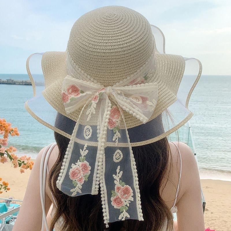 Flower Ribbon Sunshade Hat for Women's Beach Vacation Sweet Sun Summer Big Brimmed Straw Hat