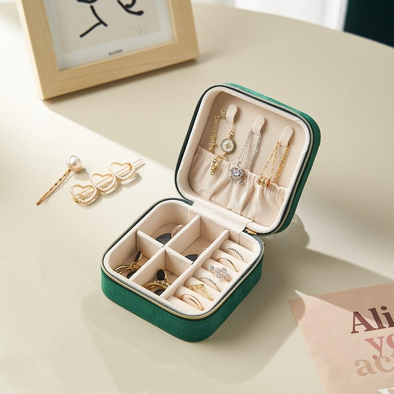 Joyero de terciopelo para mujer, organizador de collares, anillos y pendientes, portátil, de viaje, con cremallera, cuadrado, para guardar joyas.