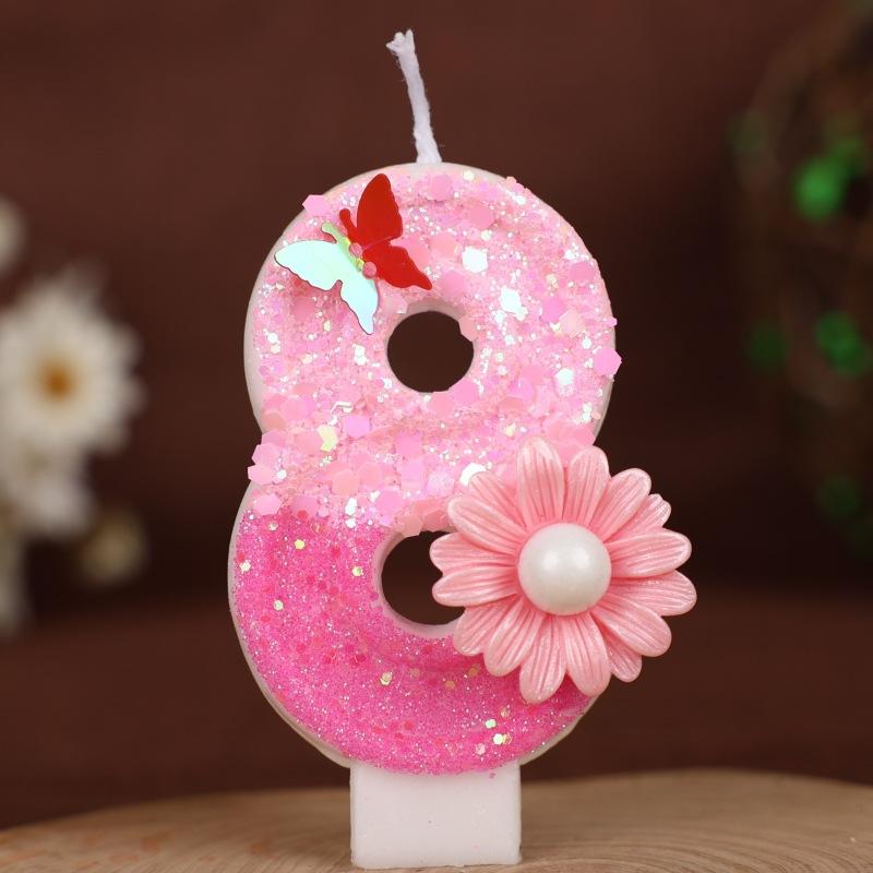 Sequin Pink Flower Butterfly Numbers Birthday Candle Cake Party Decoration One Year Old Handmade Candles 0-9