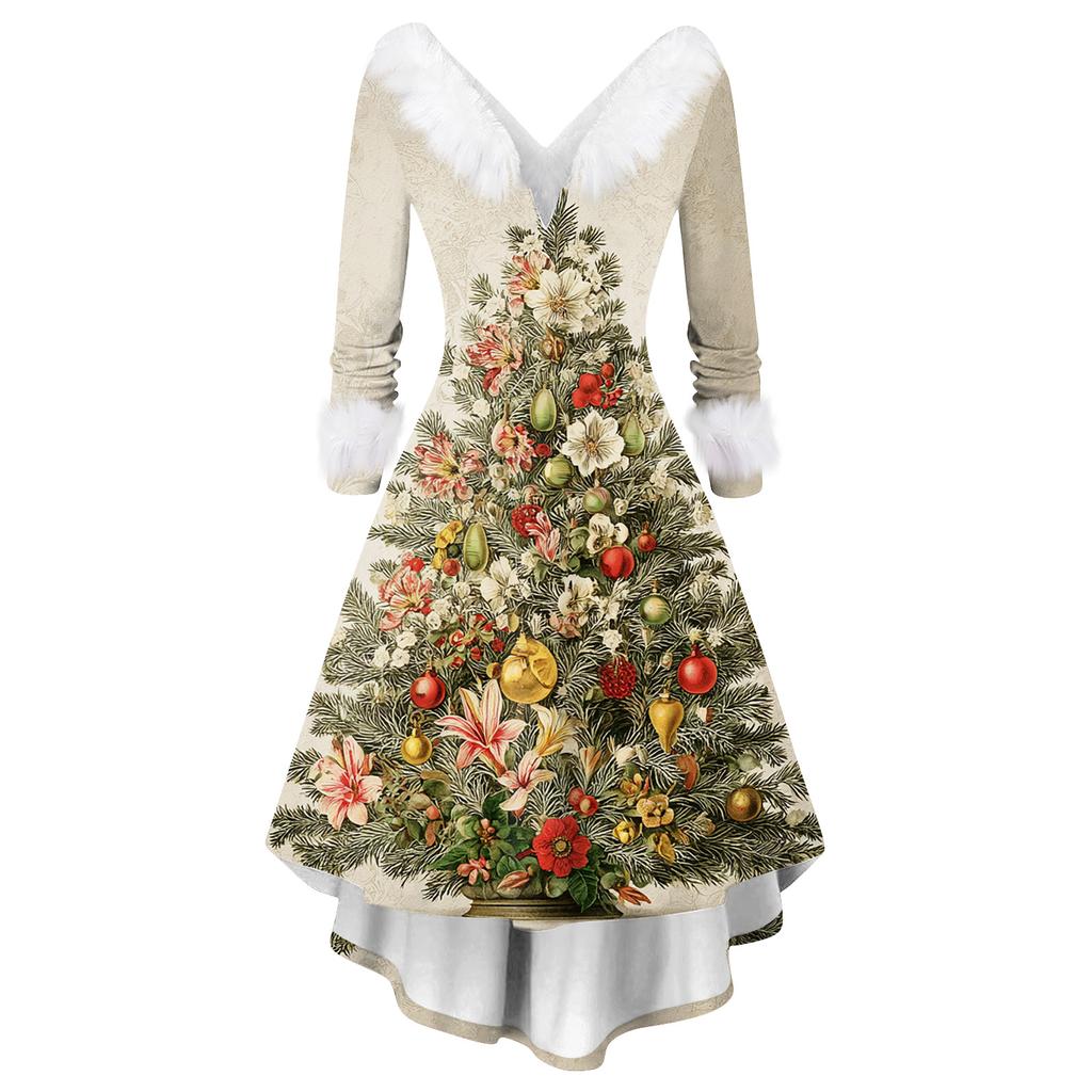 Dámské módní ležérní šaty s výstřihem do V a vánočním potiskem, dlouhý rukáv