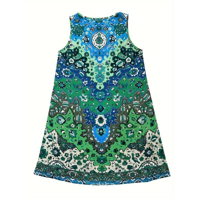 Damen Boho Ärmelloses Rundhalskleid - A-Linie Knielang Lässig Sommerkleid, Heller Paisley-Print