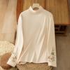Women's Fashion Retro Velvet Literary Embroidery High Neck Long Sleeve T-Shirt Top