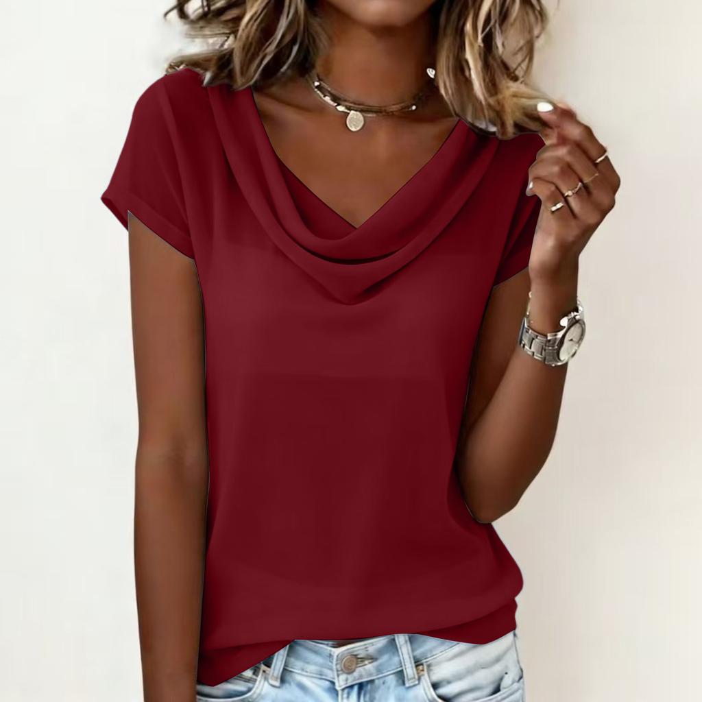 Women’s Short Sleeve Loose Fit Drape Neck Top Casual Relaxed Style Basic T-Shirt Comfortable Soft Fabric Versatile Design for Everyday Wear